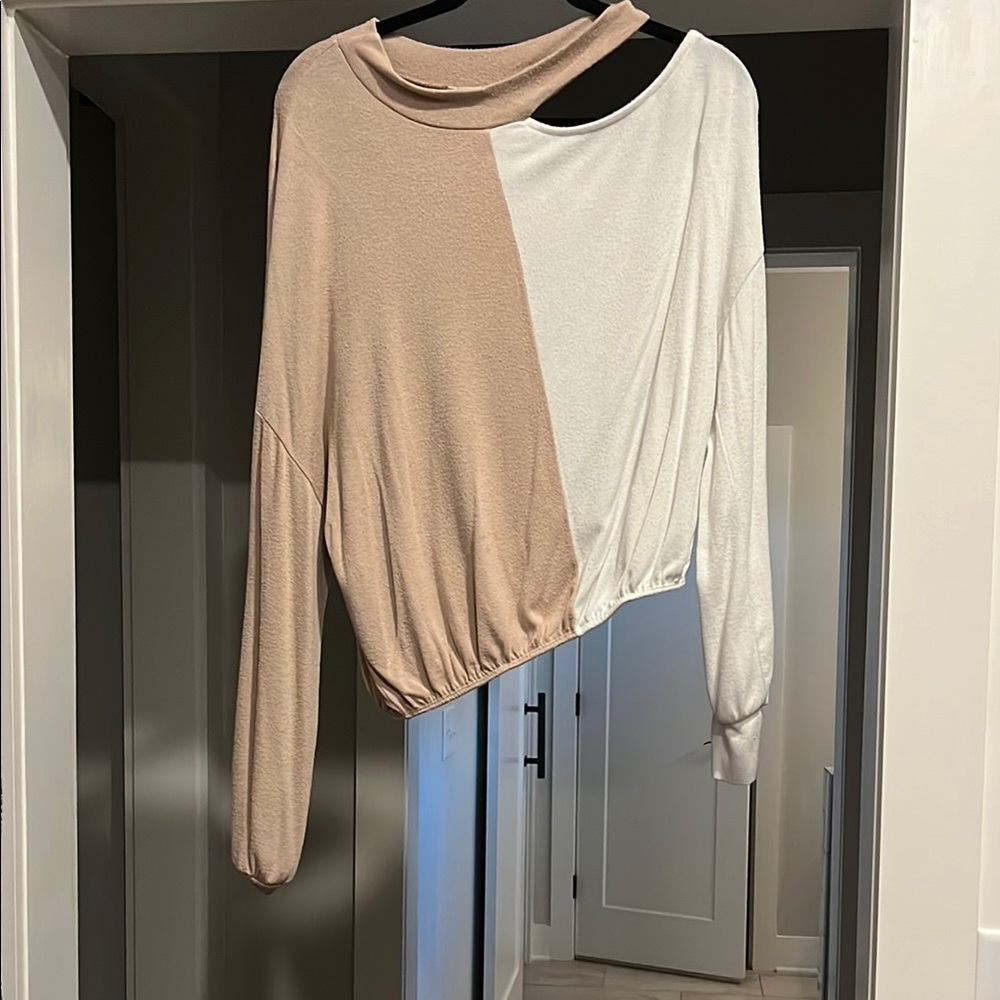 Two color sweater with cute shoulder cut out